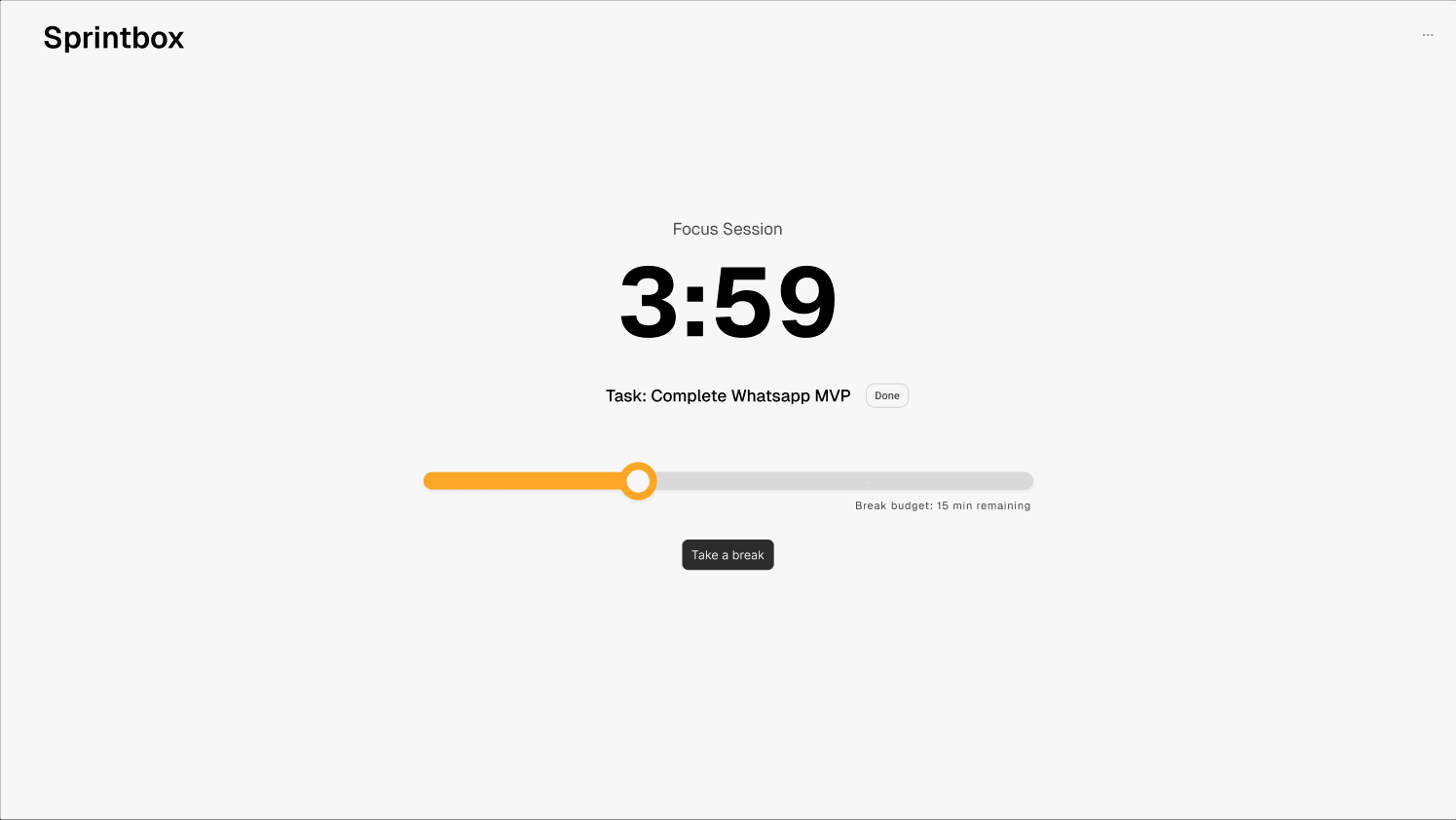 Sprintbox focus session - showing a single task with calm countdown timer
